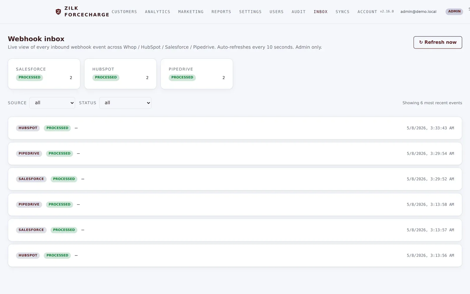 Zilk ForceCharge — Webhook Inbox