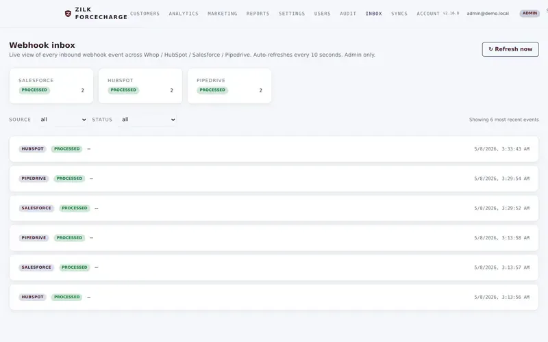 Zilk ForceCharge — Webhook Inbox
