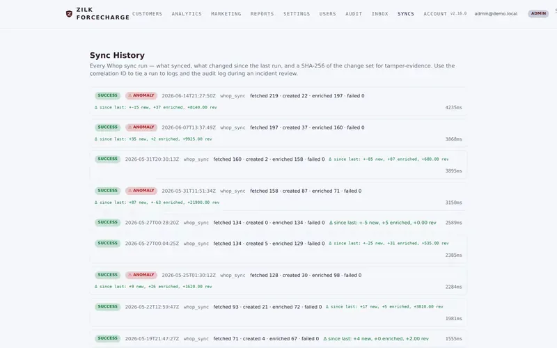 Zilk ForceCharge — Sync History