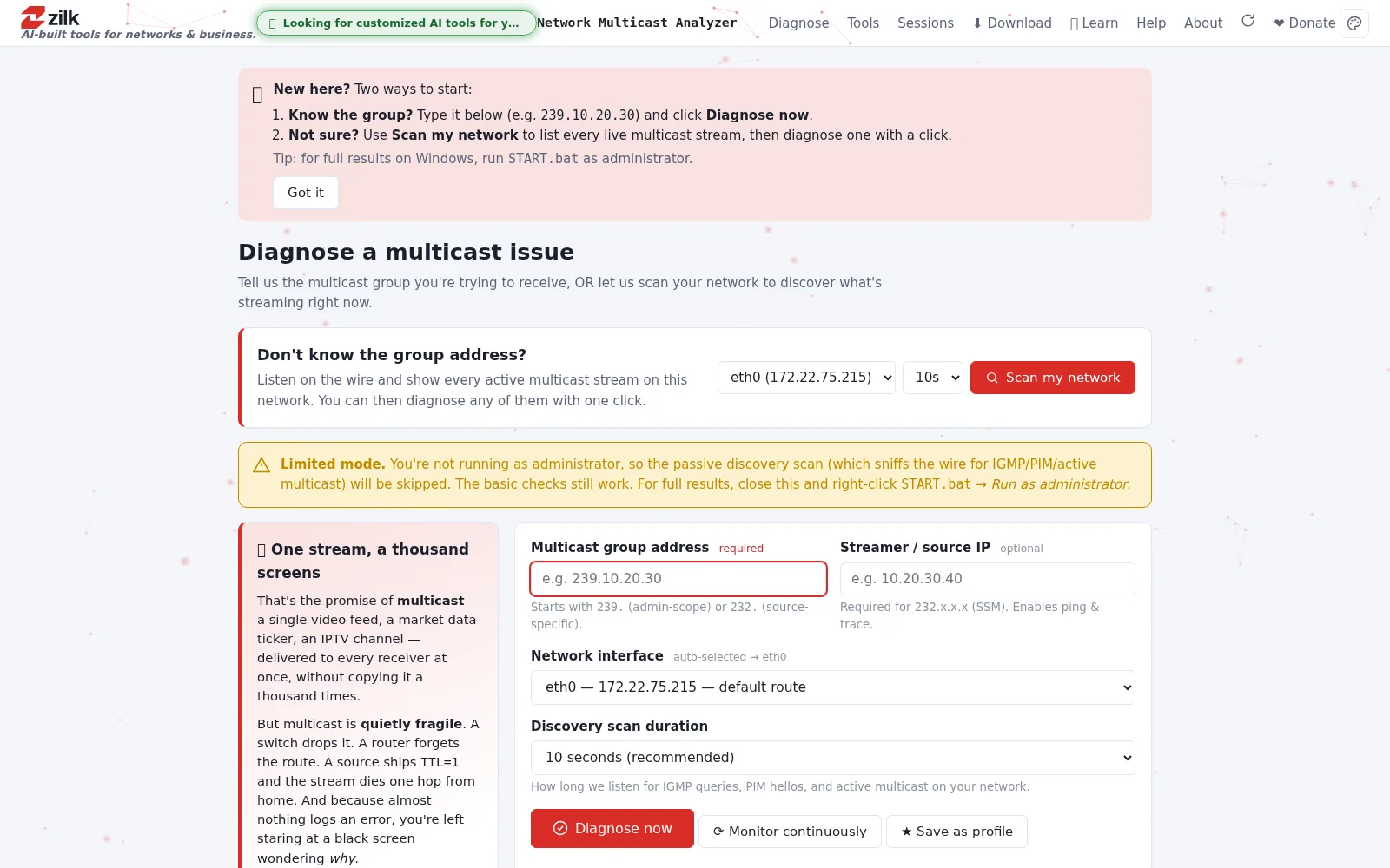 Zilk Multicast Analyzer — Diagnose