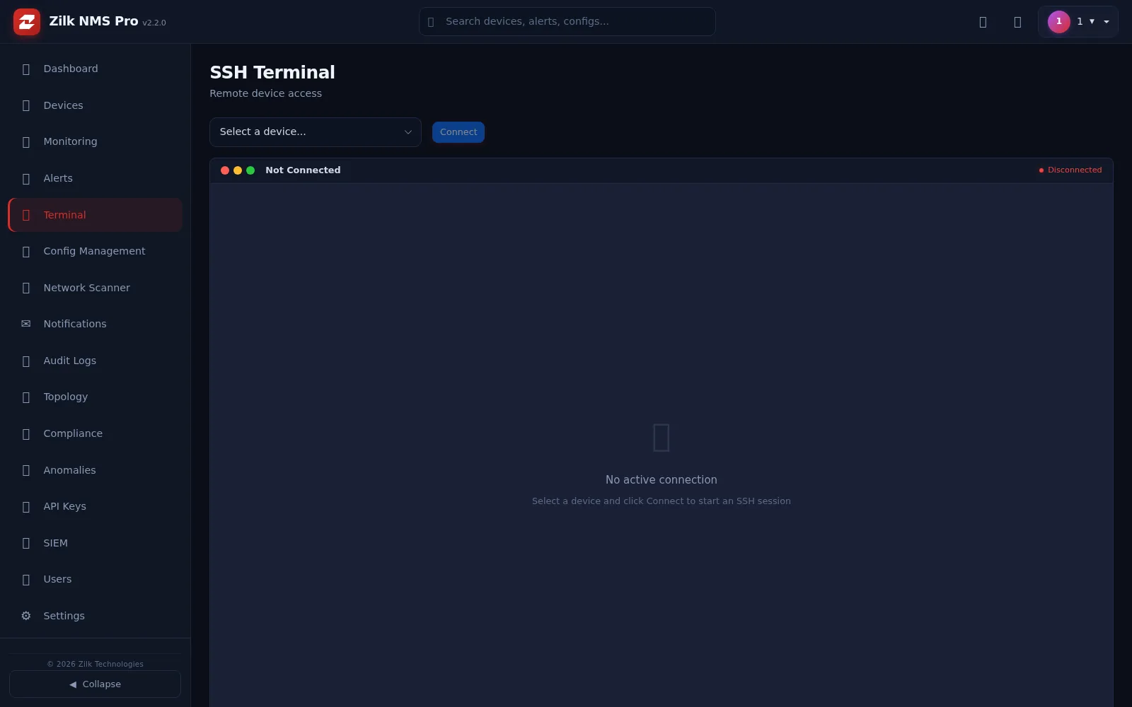 Zilk NMS Pro — Terminal