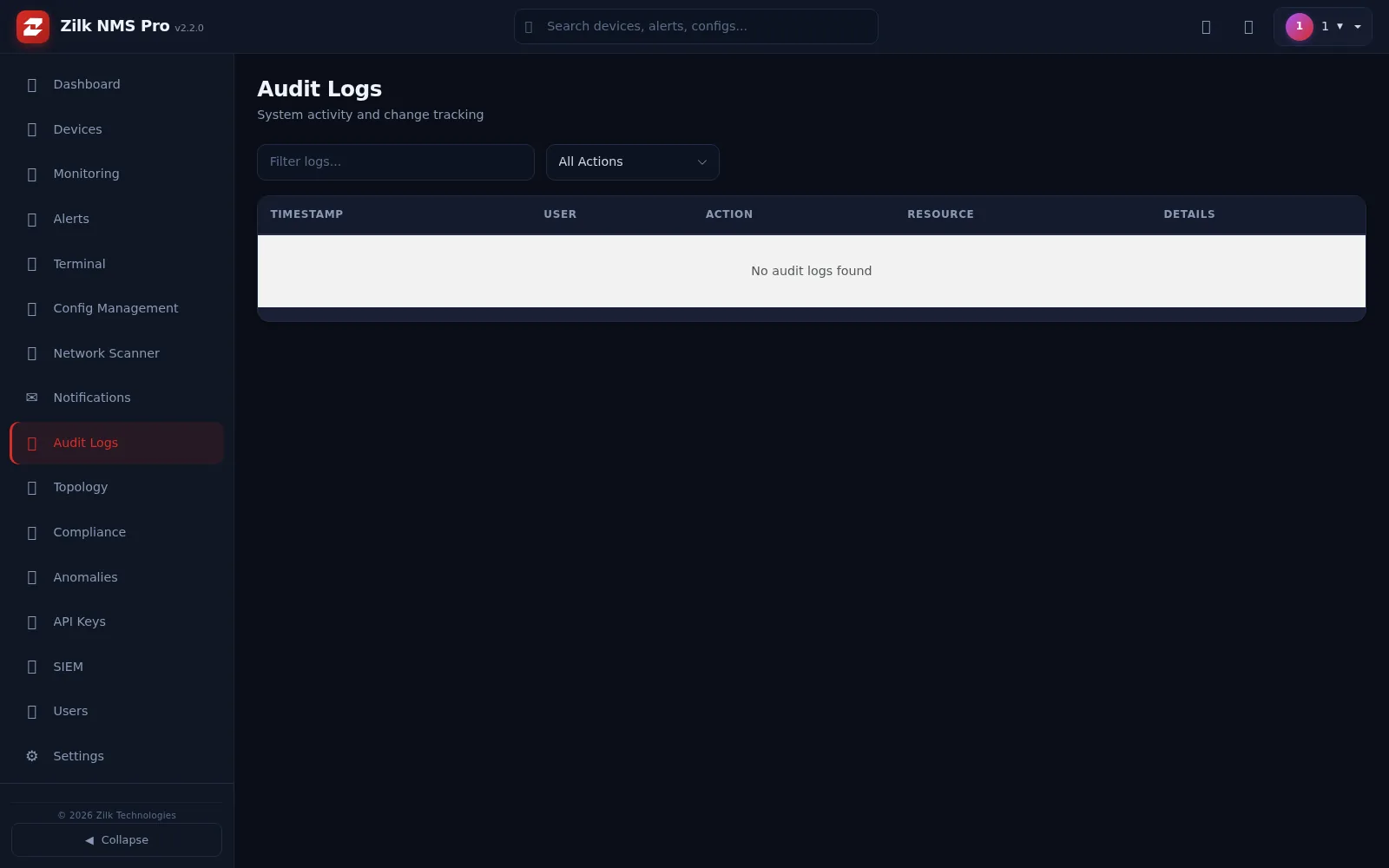 Zilk NMS Pro — Audit Logs