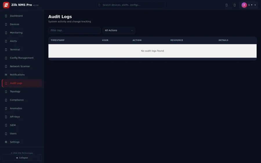 Zilk NMS Pro — Audit Logs